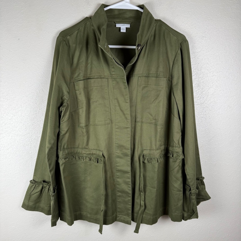 J. Jill Olive Green Utility‎ Jacket Ruffle Trim Drawstring Waist Cotton Tencel S
